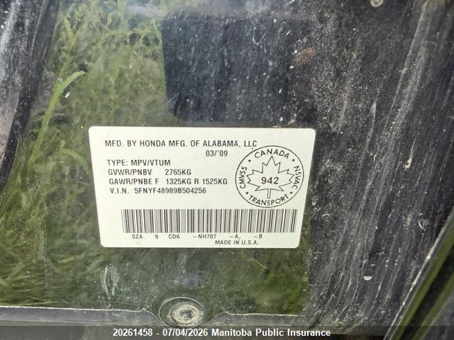 Продаж на аукціоні авто 2009 Honda Pilot Touring, vin: 5FNYF48989B504256, номер лоту: 20261458