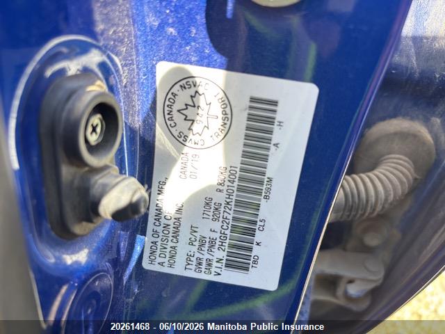 20261468 :رقم المزاد ، 2HGFC2F72KH014001 vin ، 2019 Honda Civic Ex مزاد بيع