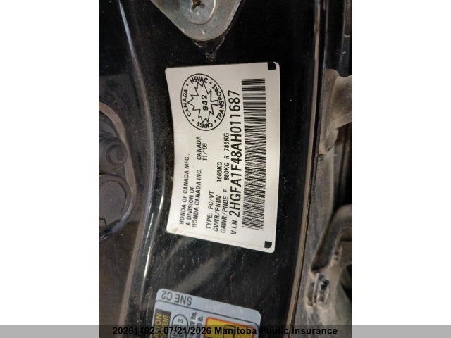 Продажа на аукционе авто 2010 Honda Civic Dx, vin: 2HGFA1F48AH011687, номер лота: 20261482