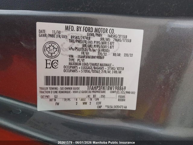 Aukcja sprzedaży 2011 Ford Focus Se, vin: 1FAHP3FN1BW198869, numer aukcji: 20261579