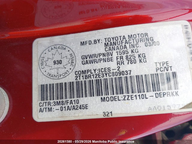 Продаж на аукціоні авто 2000 Toyota Corolla Ve, vin: 2T1BR12E3YC809037, номер лоту: 20261580