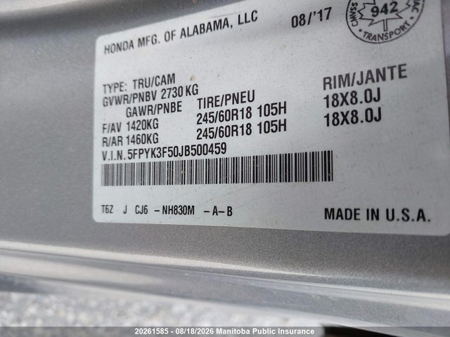 Honda Ridgeline Ex-l 2018 5FPYK3F50JB500459 Image 9