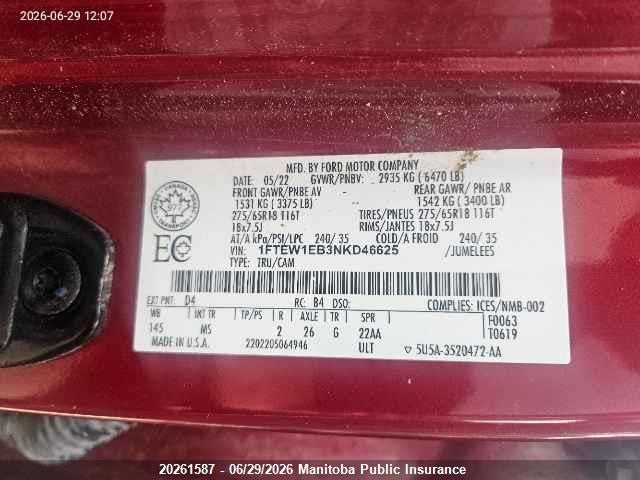 Ford F150 Xlt Supercrew 2022 1FTEW1EB3NKD46625 Image 9