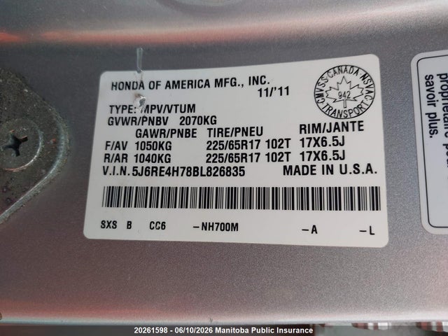 20261598 :رقم المزاد ، 5J6RE4H78BL826835 vin ، 2011 Honda Cr-v Ex-l مزاد بيع