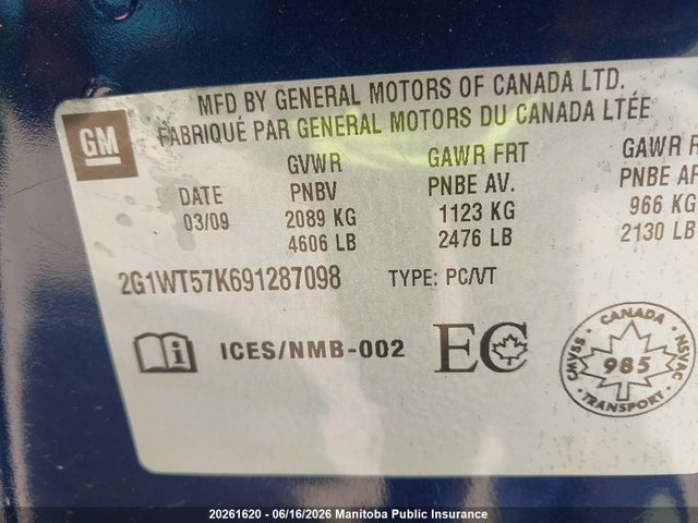 Aukcja sprzedaży 2009 Chevrolet Impala Lt V6, vin: 2G1WT57K691287098, numer aukcji: 20261620