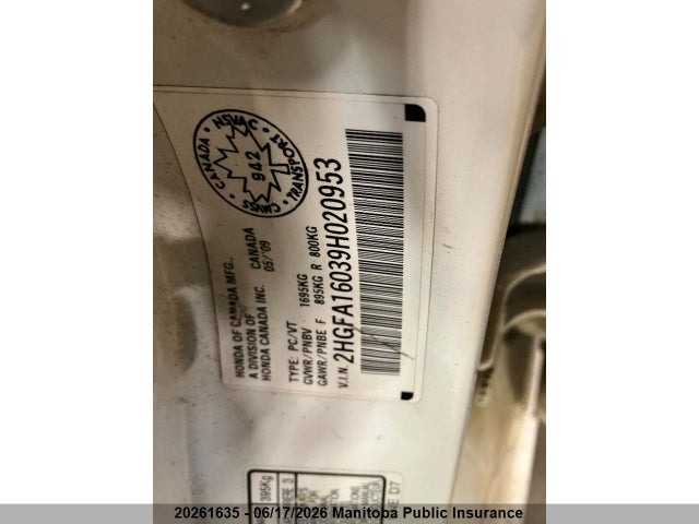 20261635 :رقم المزاد ، 2HGFA16039H020953 vin ، 2009 Honda Civic Ex-l مزاد بيع