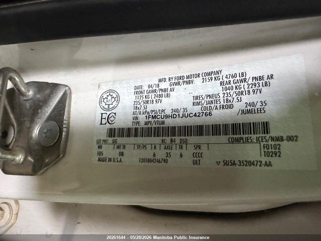 Auction sale of the 2018 Ford Escape Sel, vin: 1FMCU9HD1JUC42766, lot number: 20261644