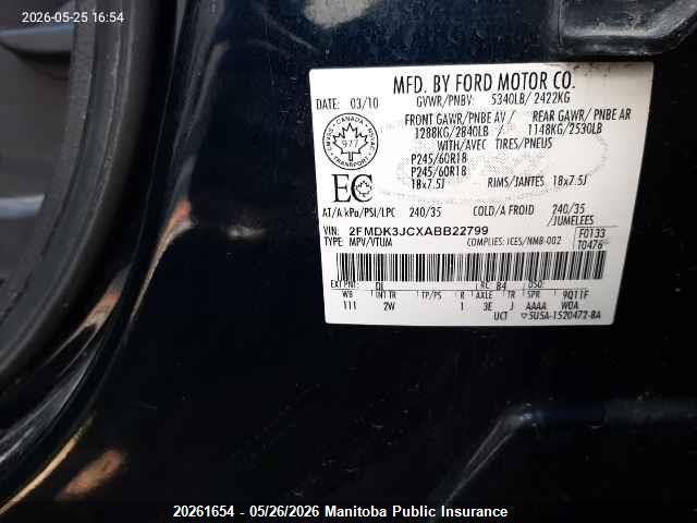 Продаж на аукціоні авто 2010 Ford Edge Sel, vin: 2FMDK3JCXABB22799, номер лоту: 20261654