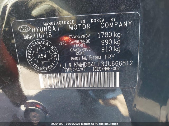 KMHD84LF3JU666812 Hyundai ELANTRA GL