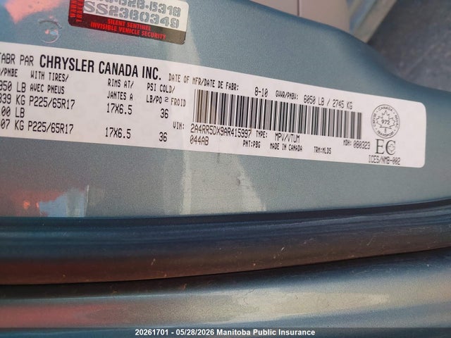 2010 Chrysler Town & Country Touring მანქანა იყიდება აუქციონზე, vin: 2A4RR5DX9AR415997, აუქციონის ნომერი: 20261701