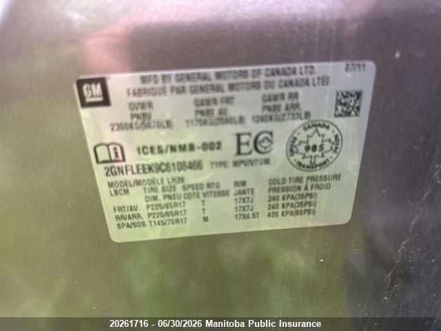 20261716 :رقم المزاد ، 2GNFLEEK9C6108466 vin ، 2012 Chevrolet Equinox Lt مزاد بيع