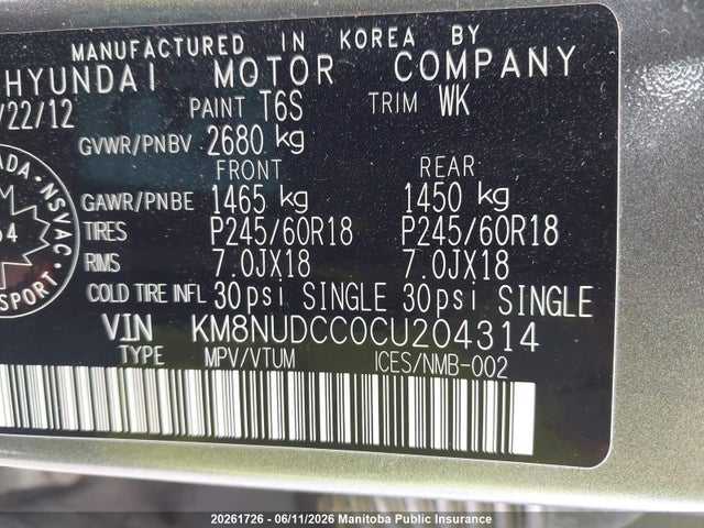 Aukcja sprzedaży 2012 Hyundai Veracruz Limited V6, vin: KM8NUDCC0CU204314, numer aukcji: 20261726