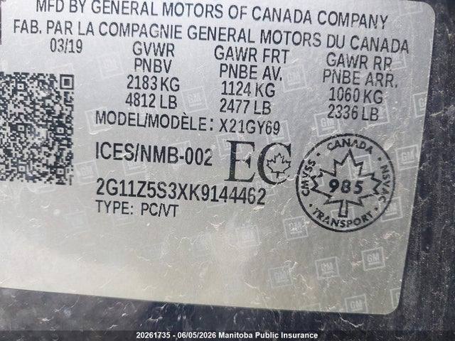 2019 Chevrolet Impala Lt V6 მანქანა იყიდება აუქციონზე, vin: 2G11Z5S3XK9144462, აუქციონის ნომერი: 20261735