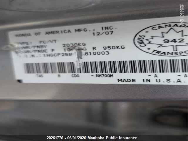 Aukcja sprzedaży 2008 Honda Accord Ex, vin: 1HGCP25888A810003, numer aukcji: 20261776