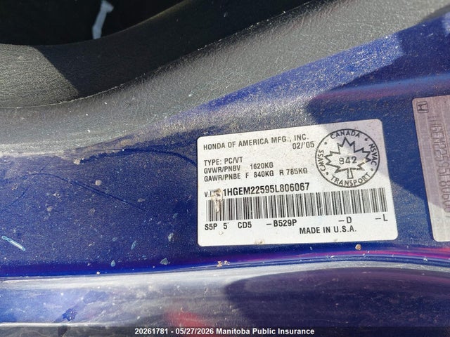Продажа на аукционе авто 2005 Honda Civic Lx, vin: 1HGEM22595L806067, номер лота: 20261781