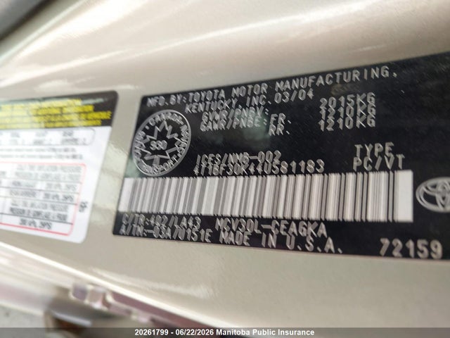 20261799 :رقم المزاد ، 4T1BF30K44U581183 vin ، 2004 Toyota Camry Xle V6 مزاد بيع