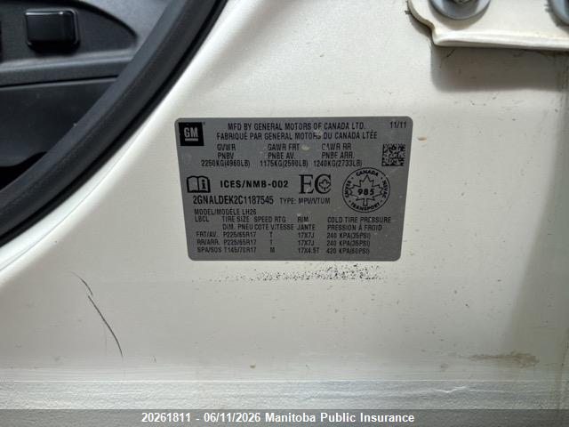 Продажа на аукционе авто 2012 Chevrolet Equinox Lt, vin: 2GNALDEK2C1187545, номер лота: 20261811