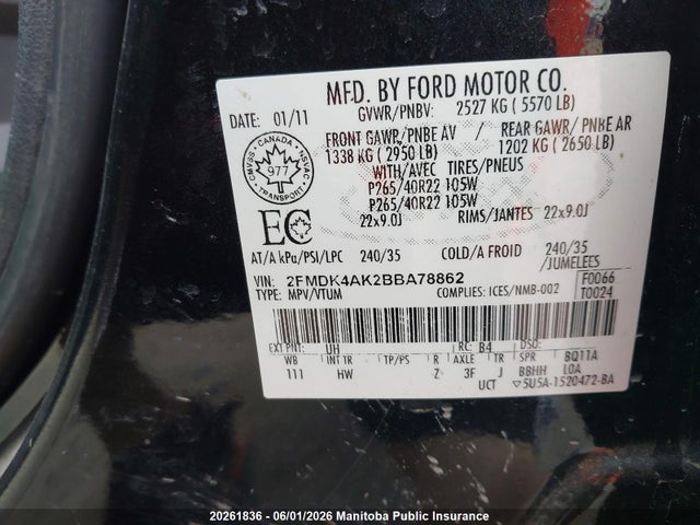 Aukcja sprzedaży 2011 Ford Edge Limited, vin: 2FMDK4AK2BBA78862, numer aukcji: 20261836