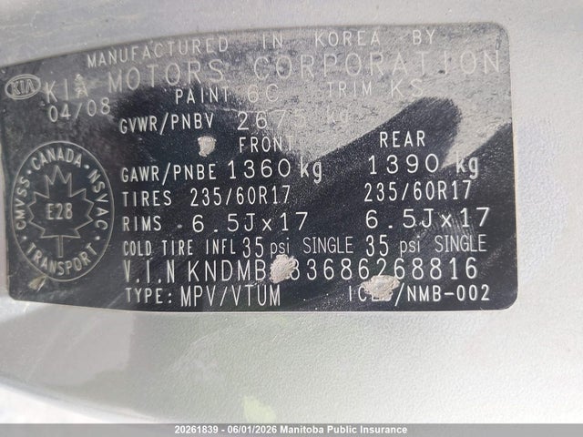 20261839 :رقم المزاد ، KNDMB233686268816 vin ، 2008 Kia Sedona Ex مزاد بيع