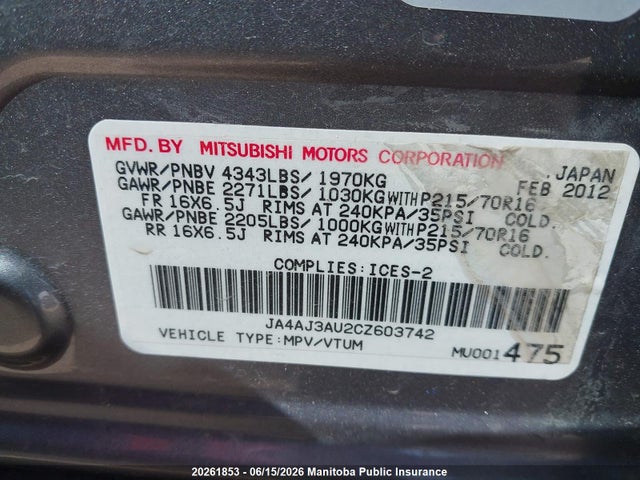 2012 Mitsubishi Rvr Se მანქანა იყიდება აუქციონზე, vin: JA4AJ3AU2CZ603742, აუქციონის ნომერი: 20261853