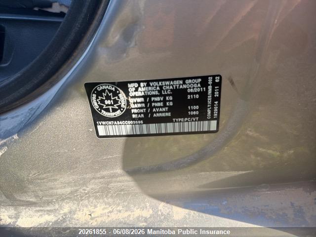 20261855 :رقم المزاد ، 1VWCN7A34CC003595 vin ، 2012 Volkswagen Passat 2.0 Tdi مزاد بيع