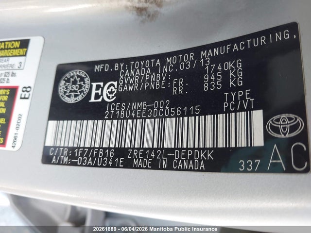 20261889 :رقم المزاد ، 2T1BU4EE3DC056115 vin ، 2013 Toyota Corolla Ce مزاد بيع