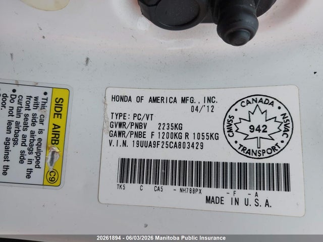 20261894 :رقم المزاد ، 19UUA9F25CA803429 vin ، 2012 Acura 3.7 Tl مزاد بيع