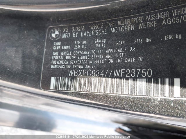 2007 Bmw X3 3.0si მანქანა იყიდება აუქციონზე, vin: WBXPC93477WF23750, აუქციონის ნომერი: 20261919