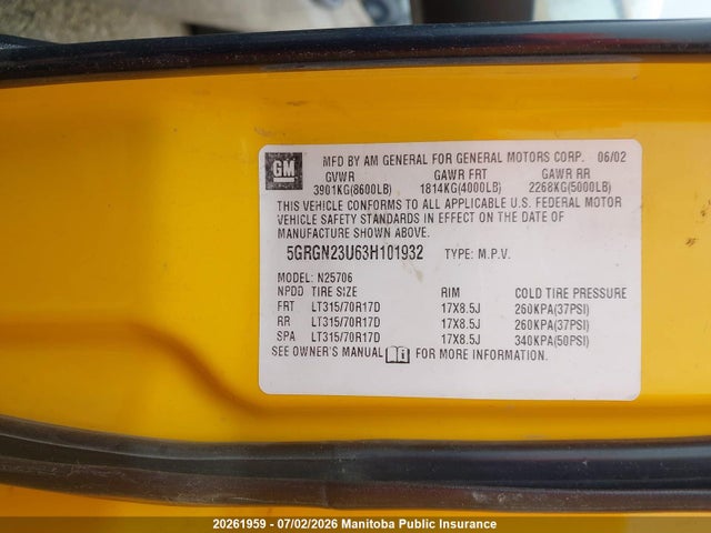 Продажа на аукционе авто 2003 Hummer H2, vin: 5GRGN23U63H101932, номер лота: 20261959