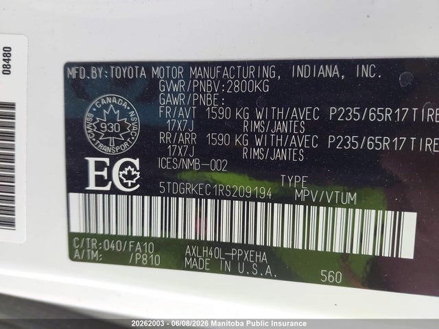 2024 Toyota Sienna Le Hybrid მანქანა იყიდება აუქციონზე, vin: 5TDGRKEC1RS209194, აუქციონის ნომერი: 20262003
