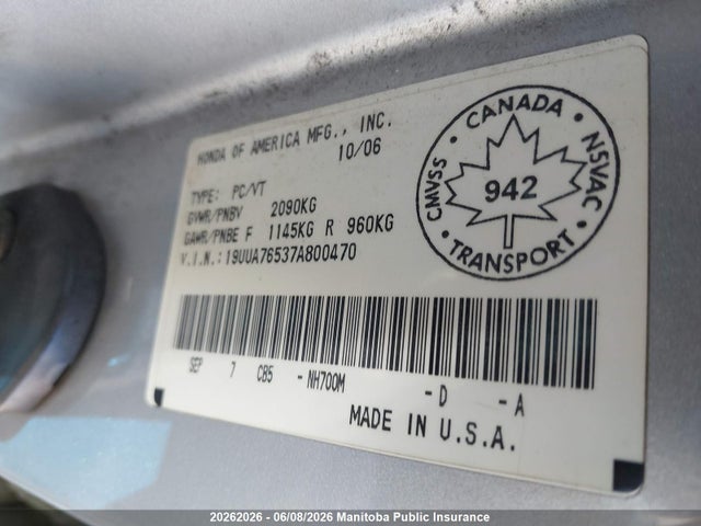 Aukcja sprzedaży 2007 Acura Tl Type S, vin: 19UUA76537A800470, numer aukcji: 20262026