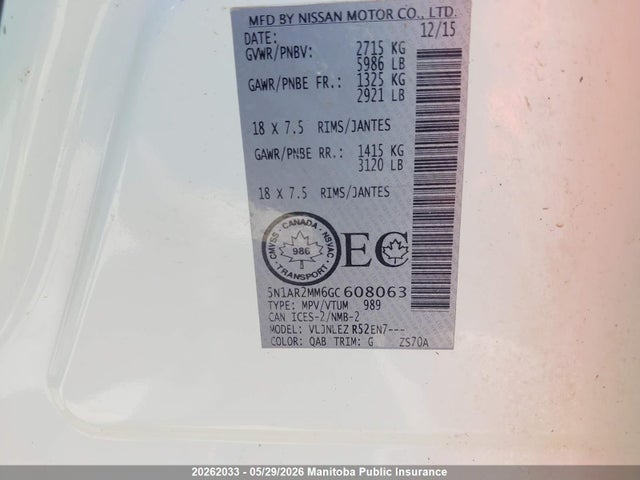 Aukcja sprzedaży 2016 Nissan Pathfinder Sv, vin: 5N1AR2MM6GC608063, numer aukcji: 20262033