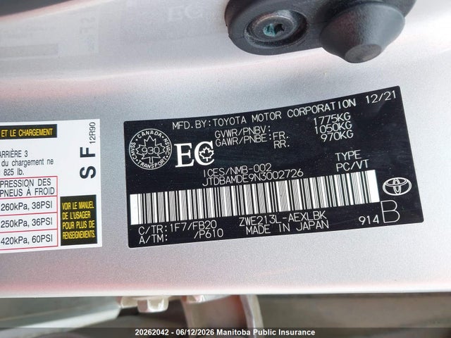 2022 Toyota Corolla Hybrid მანქანა იყიდება აუქციონზე, vin: JTDBAMDE9N3002726, აუქციონის ნომერი: 20262042