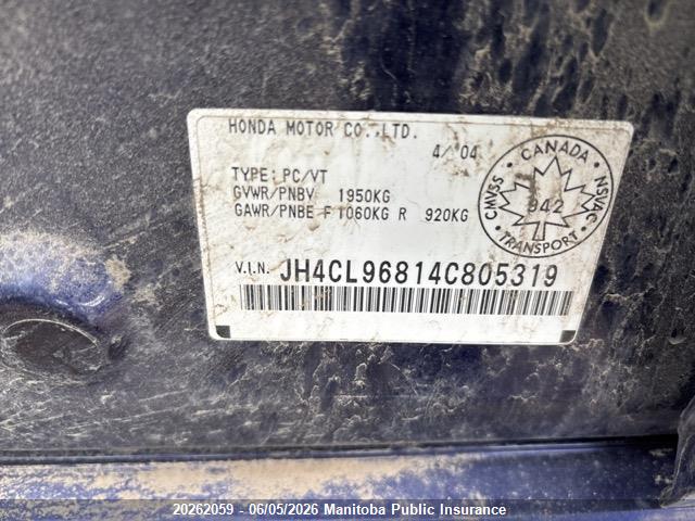 2004 Acura Tsx მანქანა იყიდება აუქციონზე, vin: JH4CL96814C805319, აუქციონის ნომერი: 20262059