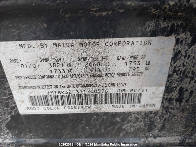 20262068 :رقم المزاد ، JM1BK32F371700556 vin ، 2007 Mazda Mazda3 Gs مزاد بيع