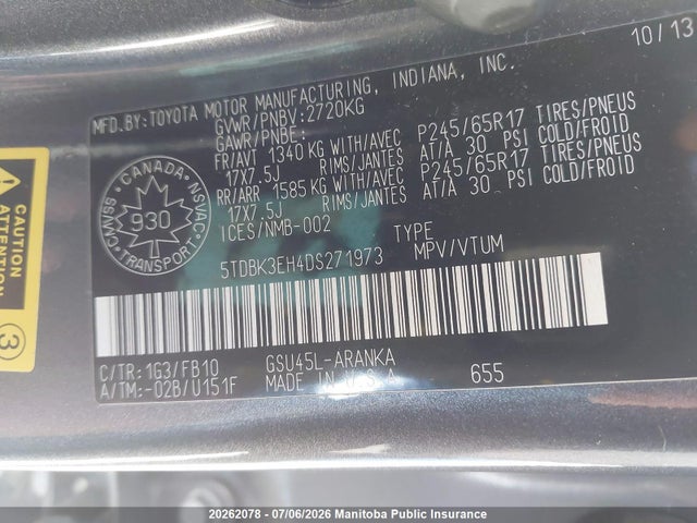 20262078 :رقم المزاد ، 5TDBK3EH4DS271973 vin ، 2013 Toyota Highlander V6 مزاد بيع