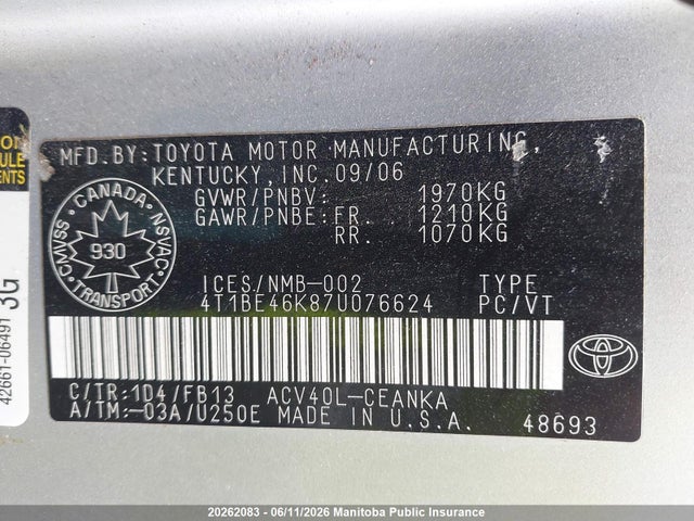Aukcja sprzedaży 2007 Toyota Camry Le, vin: 4T1BE46K87U076624, numer aukcji: 20262083