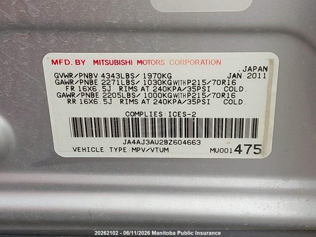 Продаж на аукціоні авто 2011 Mitsubishi Rvr Se, vin: JA4AJ3AU2BZ604663, номер лоту: 20262102