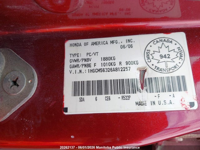 Aukcja sprzedaży 2006 Honda Accord Se, vin: 1HGCM56326A812257, numer aukcji: 20262137