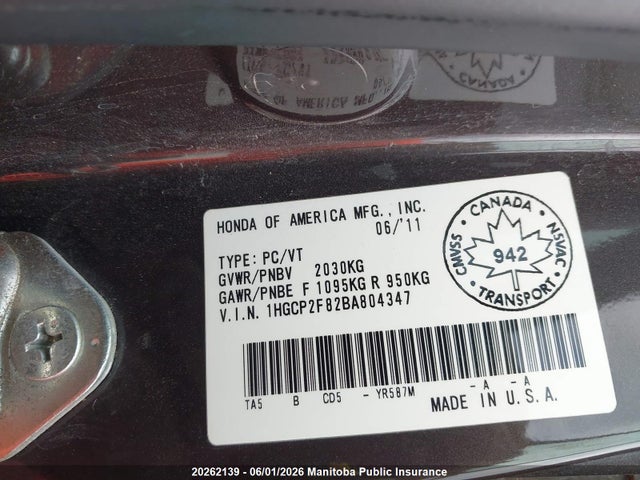 2011 Honda Accord Ex-l მანქანა იყიდება აუქციონზე, vin: 1HGCP2F82BA804347, აუქციონის ნომერი: 20262139