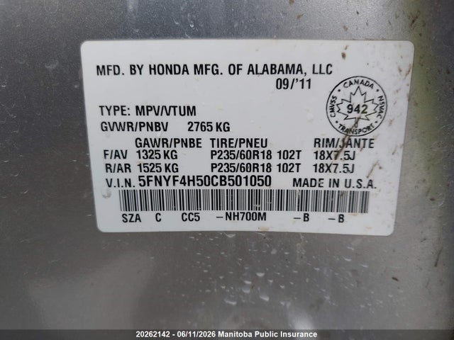 20262142 :رقم المزاد ، 5FNYF4H50CB501050 vin ، 2012 Honda Pilot Ex-l مزاد بيع