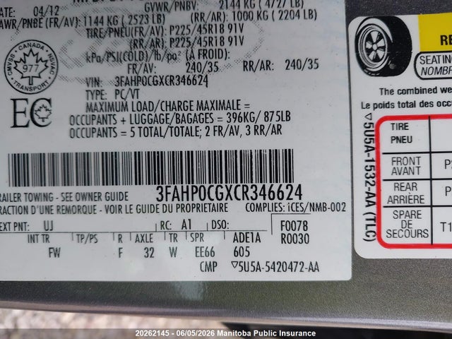 Продаж на аукціоні авто 2012 Ford Fusion Sel V6, vin: 3FAHP0CGXCR346624, номер лоту: 20262145