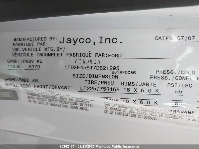 20262171 :رقم المزاد ، 1FDXE45S17DB21295 vin ، 2008 Jayco Greyhawk 30gs Mh مزاد بيع