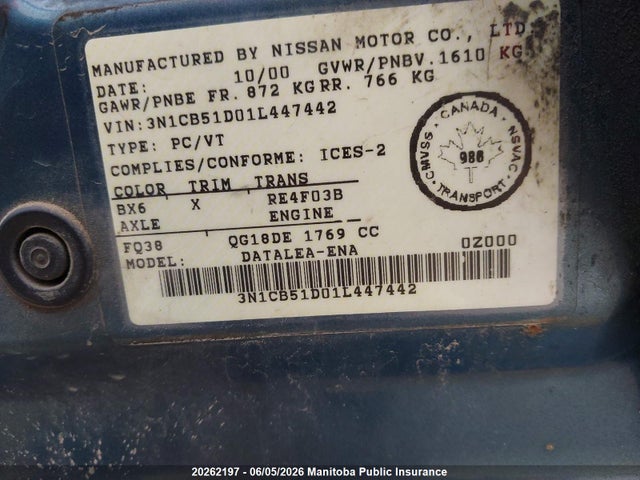 Продаж на аукціоні авто 2001 Nissan Sentra Gxe, vin: 3N1CB51D01L447442, номер лоту: 20262197