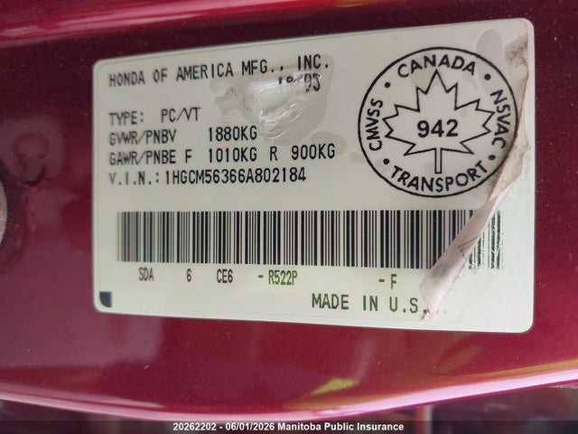 20262202 :رقم المزاد ، 1HGCM56366A802184 vin ، 2006 Honda Accord Se مزاد بيع