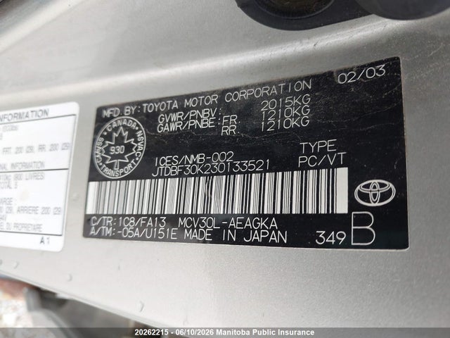 Aukcja sprzedaży 2003 Toyota Camry Le V6, vin: JTDBF30K230133521, numer aukcji: 20262215