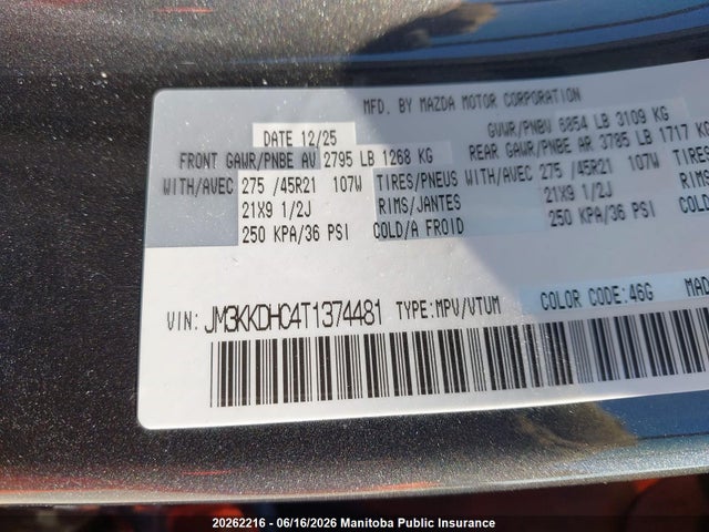 2026 Mazda Cx-90 Gt-p მანქანა იყიდება აუქციონზე, vin: JM3KKDHC4T1374481, აუქციონის ნომერი: 20262216