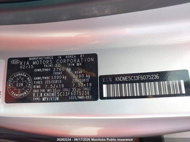 Aukcja sprzedaży 2015 Kia Sedona Sxl, vin: KNDME5C13F6075236, numer aukcji: 20262234