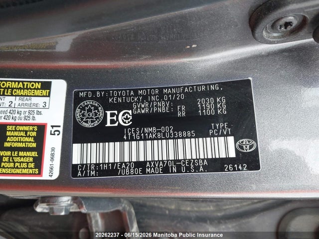 4T1G11AK8LU338885 Toyota CAMRY SE