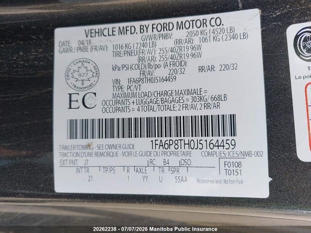 2018 Ford Mustang მანქანა იყიდება აუქციონზე, vin: 1FA6P8TH0J5164459, აუქციონის ნომერი: 20262238